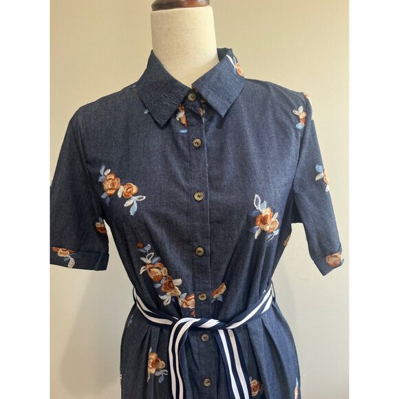 Petal Lush Denim  Midi Shirt Dress Womens M Blue Jean Embroidered Button Up - Picture 2 of 9
